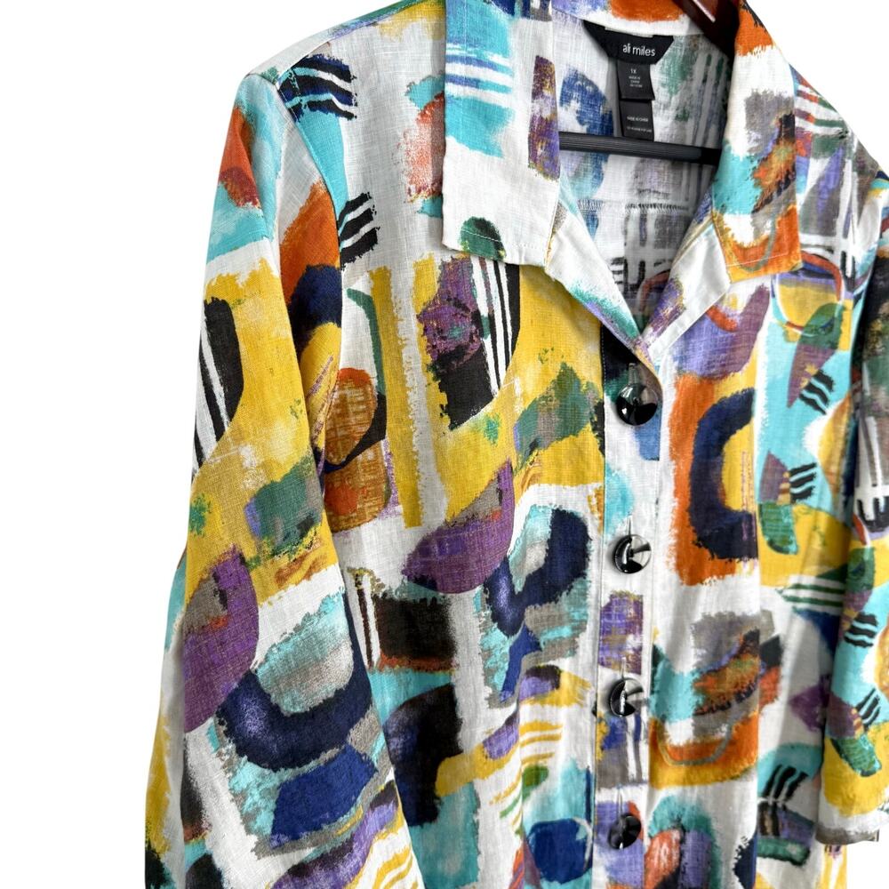 Ali Miles Plus Size 1X LINEN BLEND Abstract Blouse Shirt Top Wearable Art Artsy - Picture 6 of 10